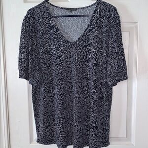 Navy and White V-Neck Blouse